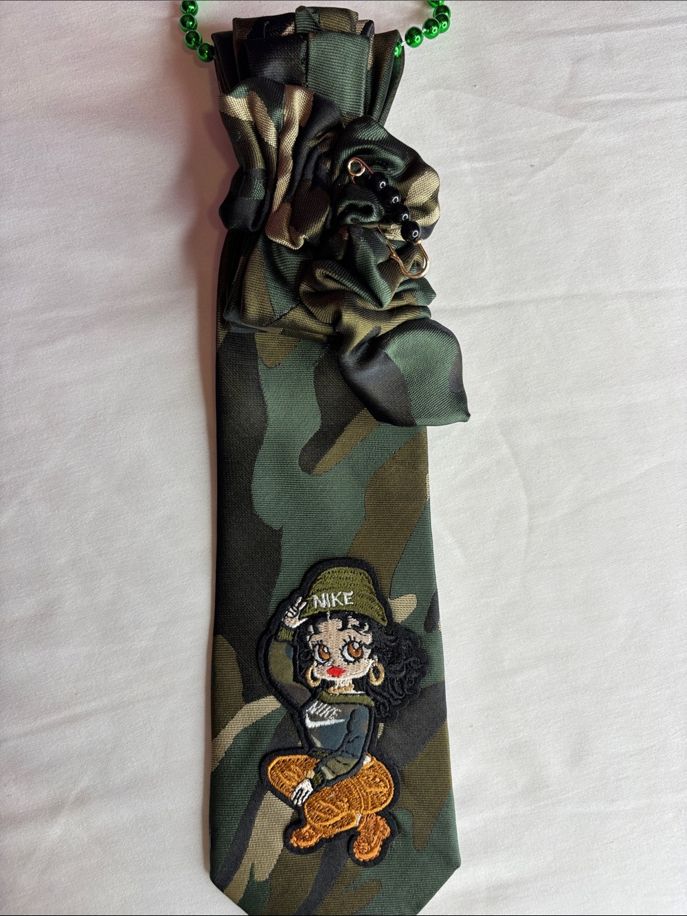Hand Crafted Green and Brown Camouflage Kids Tie with Cartoon Patch